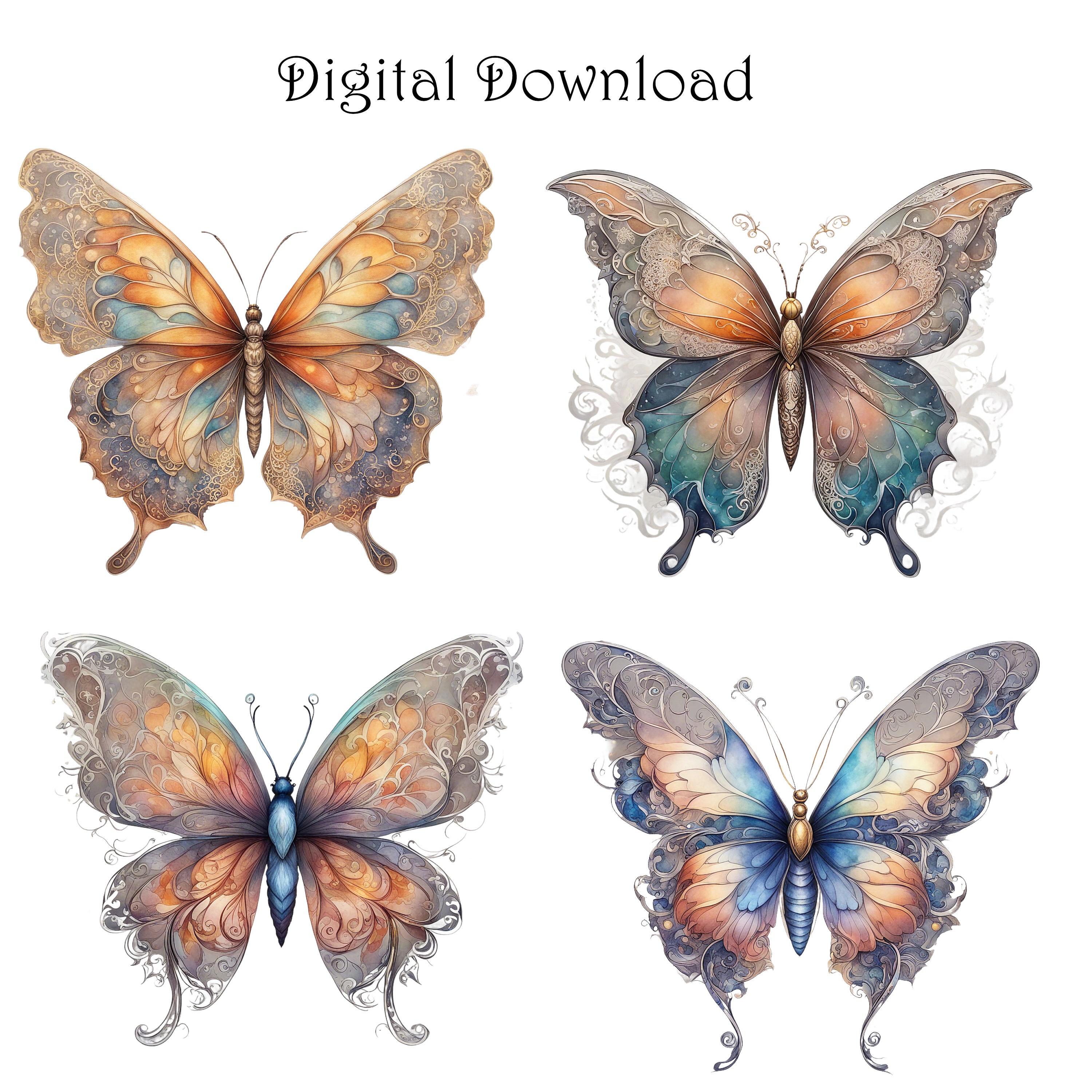 30 Watercolor Boho Butterflies Clipart PNG Instant Download Bohemian ...