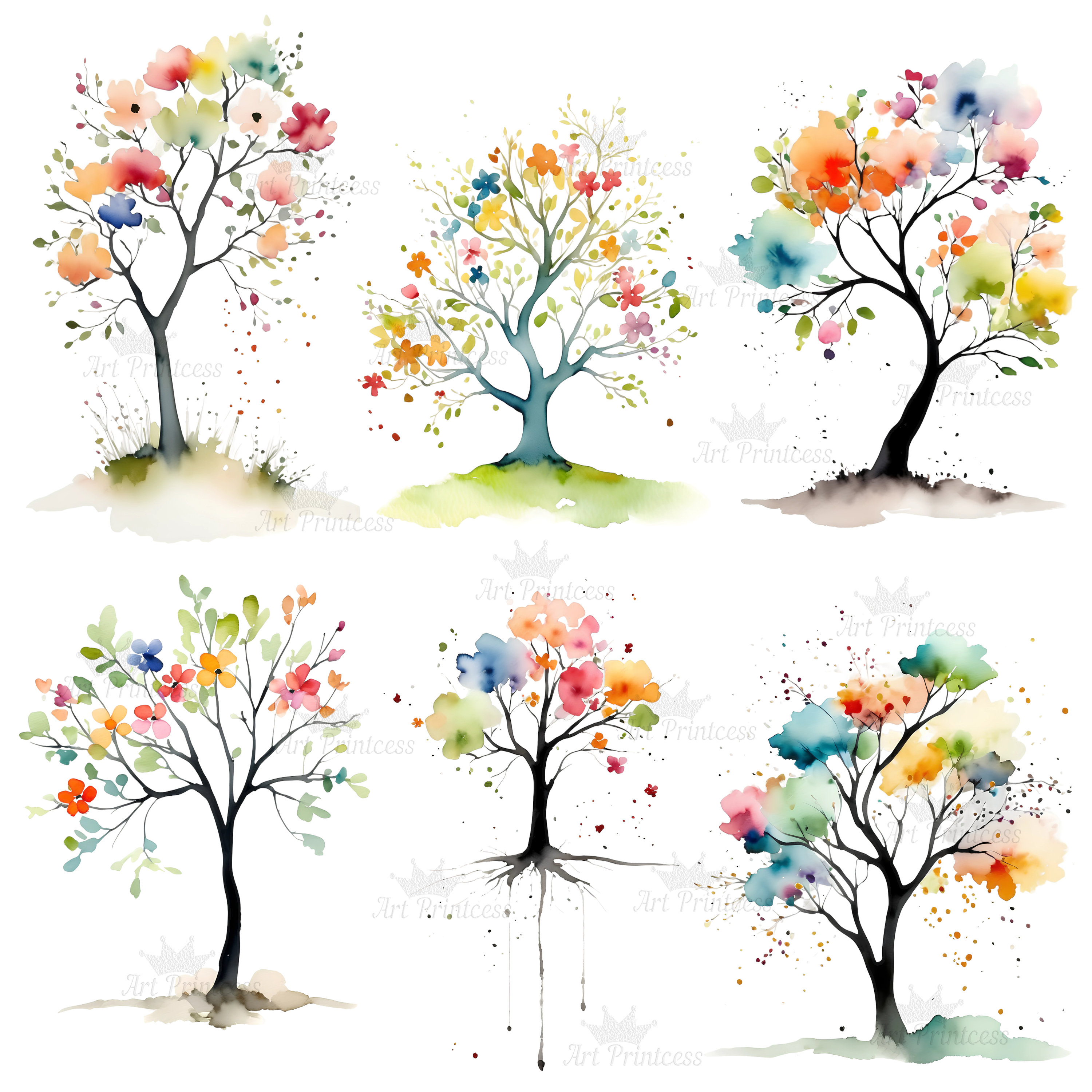 Watercolor Tree Clipart 40 Colorful Tree Pngs Abstract Floral Tree ...