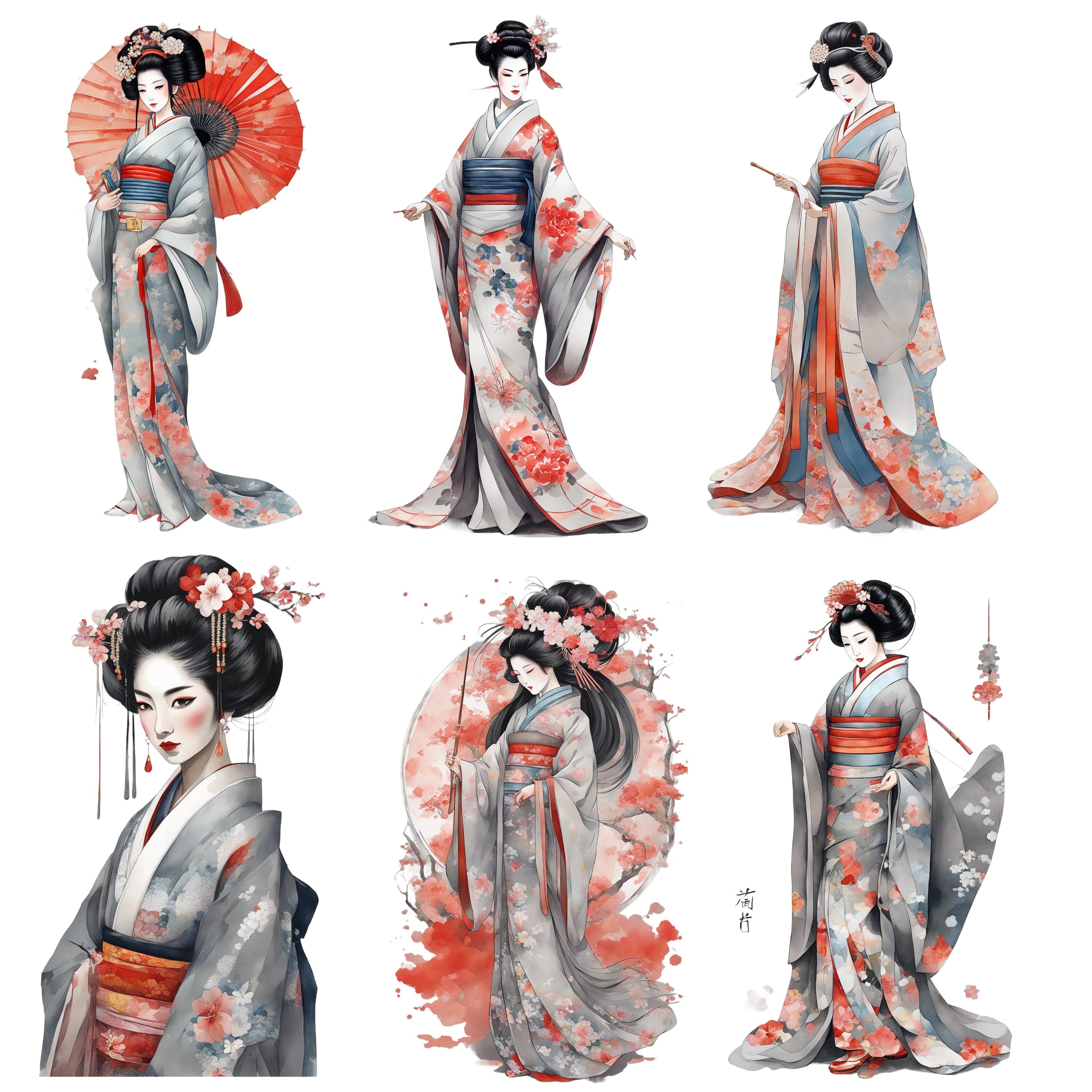 50 Geisha Watercolor Clipart PNG Traditional Japanese Geisha Watercolor ...