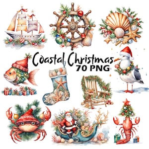 Paquete de imágenes prediseñadas de acuarela costera de Navidad y playa, gráficos navideños náuticos, imágenes festivas de acuarela de playa, PNG, tarjetas para hacer tú mismo, manualidades con papel