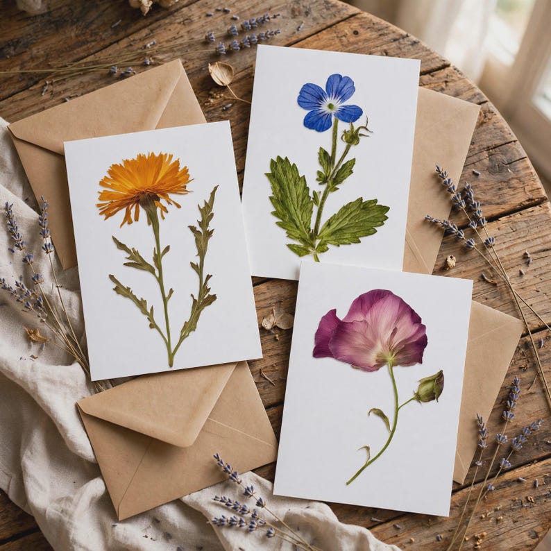 May include: Three white rectangular greeting cards featuring pressed botanical specimens. One card displays an orange calendula flower, another a blue flower with green leaves, and the third a purple flower with a small bud, each with brown envelopes.