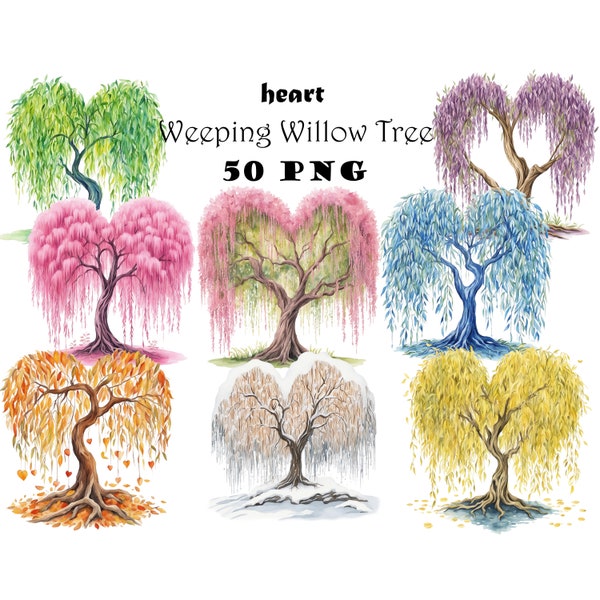 Weeping Willow Tree Heart Shaped Watercolor Clipart PNG Bundle Romantic Valentines Graphics Digital Download Bundle Willow Tree Printable