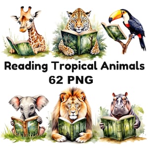 Dschungeltiere, die Bücher lesen Clipart Niedliche Aquarell Safari Tiere PNG Digital Download für Buchliebhaber, Kinderzimmer, Drucke, Aufkleber