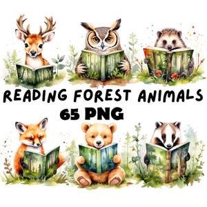 Waldtiere, die Bücher lesen Clipart niedlich Aquarell Waldtiere PNG digitaler Download für Buch-Liebhaber, Kinder, Aufkleber, Scrapbooking