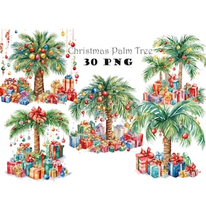 Tropical Noël Aquarelle Palmier Clipart PNG Palmier Plage Noël Graphiques Vacances équatoriales Clipart Noël au paradis PNG