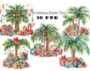 Palmera de acuarela navideña tropical, clipart PNG, palmera de playa, gráficos navideños, clipart de vacaciones ecuatoriales, Navidad en el paraíso PNG