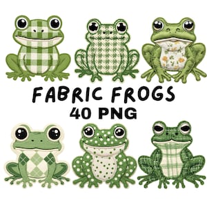 May include: Six fabric frog appliqués in various shades of green, each with unique patterns like gingham, houndstooth, and polka dots. The text "FABRIC FROGS 40 PNG" is displayed in black. These appliqués are ideal for crafting projects.