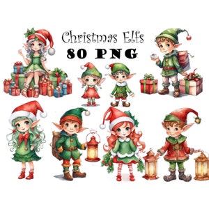 80 kerstelf clipartbundel kerstelfen png schattige aquarel elfen jongens en meisjes clipart digitale download workshop kerstmannen helpers