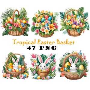 Panier de Pâques tropical aquarelle Clipart PNG Oeufs de Pâques tropicaux graphiques en téléchargement numérique Bundle illustrations de Pâques exotiques Cartes bricolage