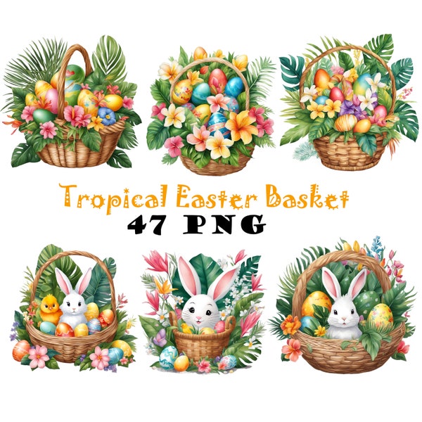 Tropical Easter Basket Watercolor Clipart PNG Tropical Easter Eggs Graphics Digital Download Bundle Exotic Easter illustrations DIY cards