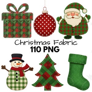 May include: A collection of six Christmas-themed digital graphics featuring a gift box, a red polka-dot ornament, Santa Claus, a snowman, a pine tree, and a stocking, all with stitched edges. The text reads Christmas Fabric 110 PNG.