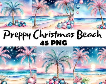 Preppy Tropical Christmas Beach Watercolor Clipart PNG Digital Download Festive Beach Graphics Coastal Christmas Clipart Printable Images