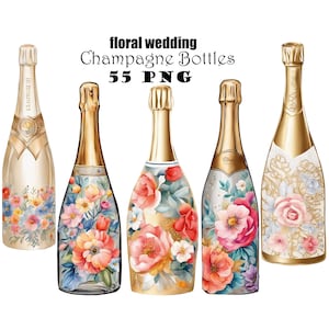 Floral peint mariage bouteille de Champagne aquarelle Clipart PNG Veuve Clicqout Clipart DIY cartes de mariage bouteilles de Champagne graphiques numérique