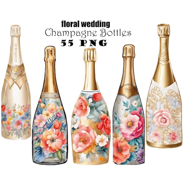 Painted Floral Wedding Champagne Bottle Watercolor Clipart PNG Veuve Clicqout Clipart DIY Wedding Cards Champagne Bottles Graphics Digital