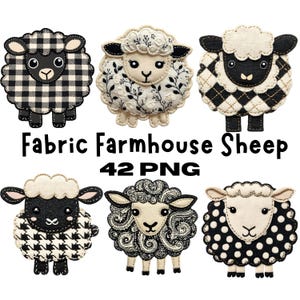 May include: Six fabric sheep designs in different patterns and colours. The sheep feature black and white gingham, floral, and polka dot patterns. The text "Fabric Farmhouse Sheep" and "42 PNG" is displayed below the sheep.