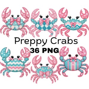 Könnte beinhalten: Sechs Krabbenillustrationen in Rosa und Türkis, jeweils mit Schleifen und gemusterten Details. Der Text "Preppy Crabs 36 PNG" ist in Schwarz dargestellt. Die Krabben sind im Preppy-Stil gestaltet.