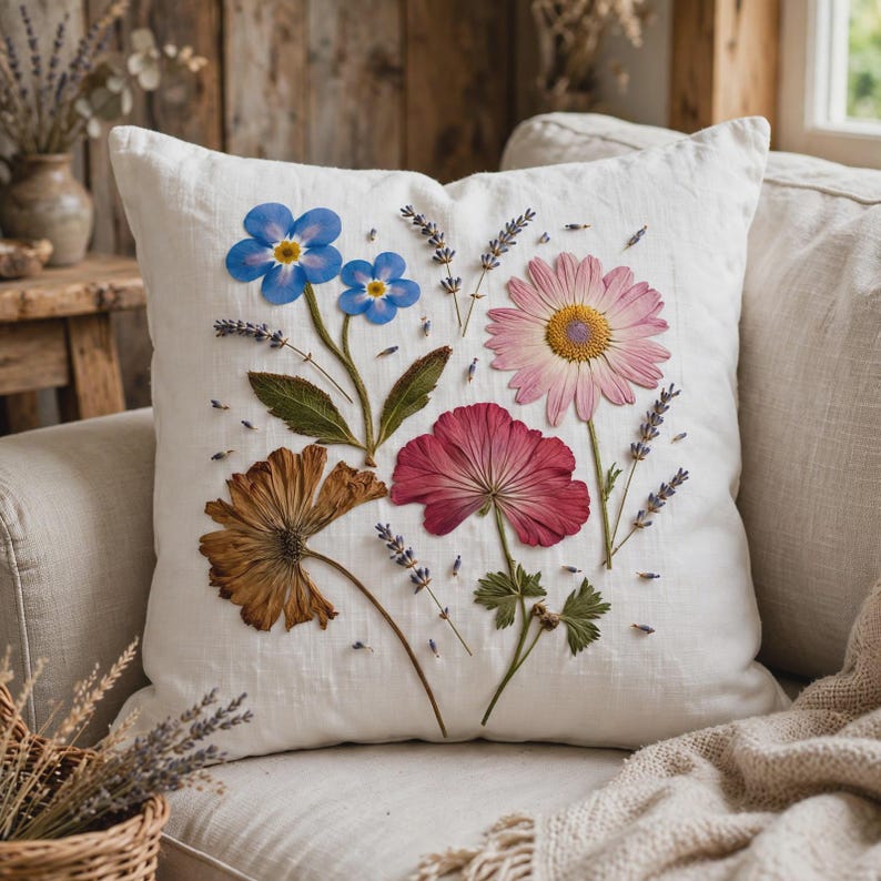 May include: A square white linen throw pillow featuring a pressed flower arrangement. The design includes blue forget-me-nots, a large pink daisy, a deep red flower, a golden-brown flower, and sprigs of purple lavender scattered across the fabric.