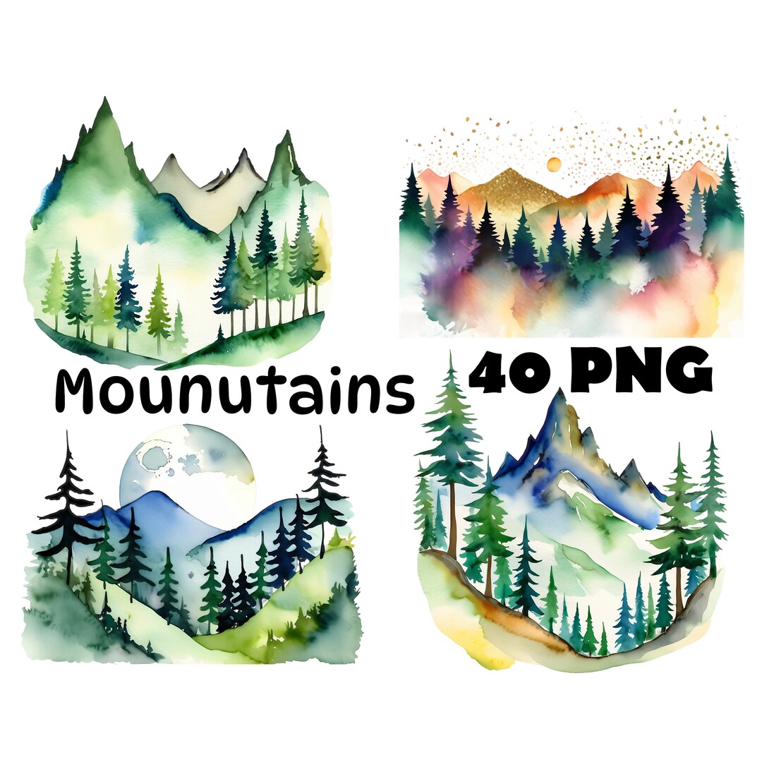 Watercolor Mountain Clipart Bundle Forest Landscape PNG Woodland ...