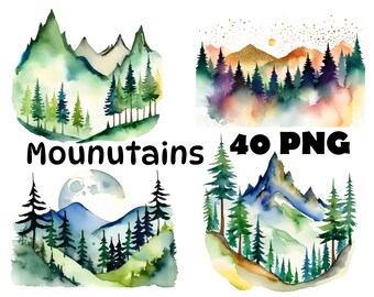 Paquete de imágenes prediseñadas de montaña en acuarela, paisaje forestal PNG, paisaje boscoso, arte digital, pino, imprimible, naturaleza, decoración infantil