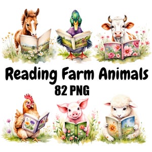 Animali da fattoria che leggono libri Clipart Carino acquerello animali da prato PNG Download digitale per gli amanti dei libri, stampe per bambini, adesivi fai da te,