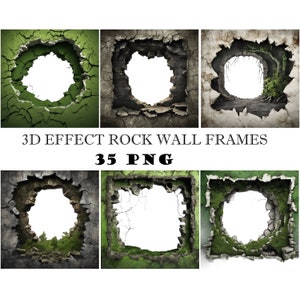 May include: Six digital frames featuring a 3D effect of a broken rock wall with a hole in the centre. The frames are in various shades of green and grey. The text "3D EFFECT ROCK WALL FRAMES 35 PNG" is displayed below the frames.