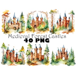 Castello Acquerello Clipart Sfondo Trasparente Bosco Castelli Gotici Clipart Download Digitale Grafica Castello Medievale Carte Fai Da Te