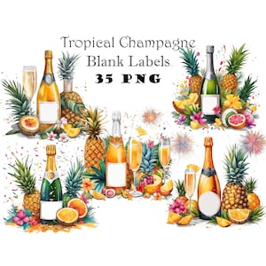 Étiquettes vierges de bouteille de Champagne pour le nouvel an tropical PNG Clipart de nouvel an de plage PNG personnalisé Clipart de bouteille de Champagne de nouvel an