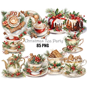 Clip Art per festa del tè di Natale Tazze da tè per le vacanze invernali Teiera di Natale PNG Tè per le vacanze Pacchetto di download immediato Uso commerciale Supporto trasparente