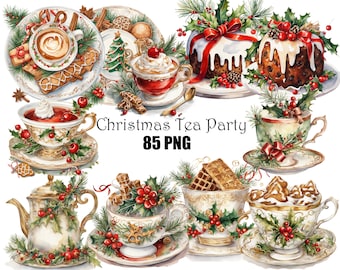 May include: A collection of watercolor illustrations featuring Christmas tea party elements including teacups, a teapot, Christmas puddings, gingerbread cookies, and holly sprigs. The text reads Christmas Tea Party 85 PNG.