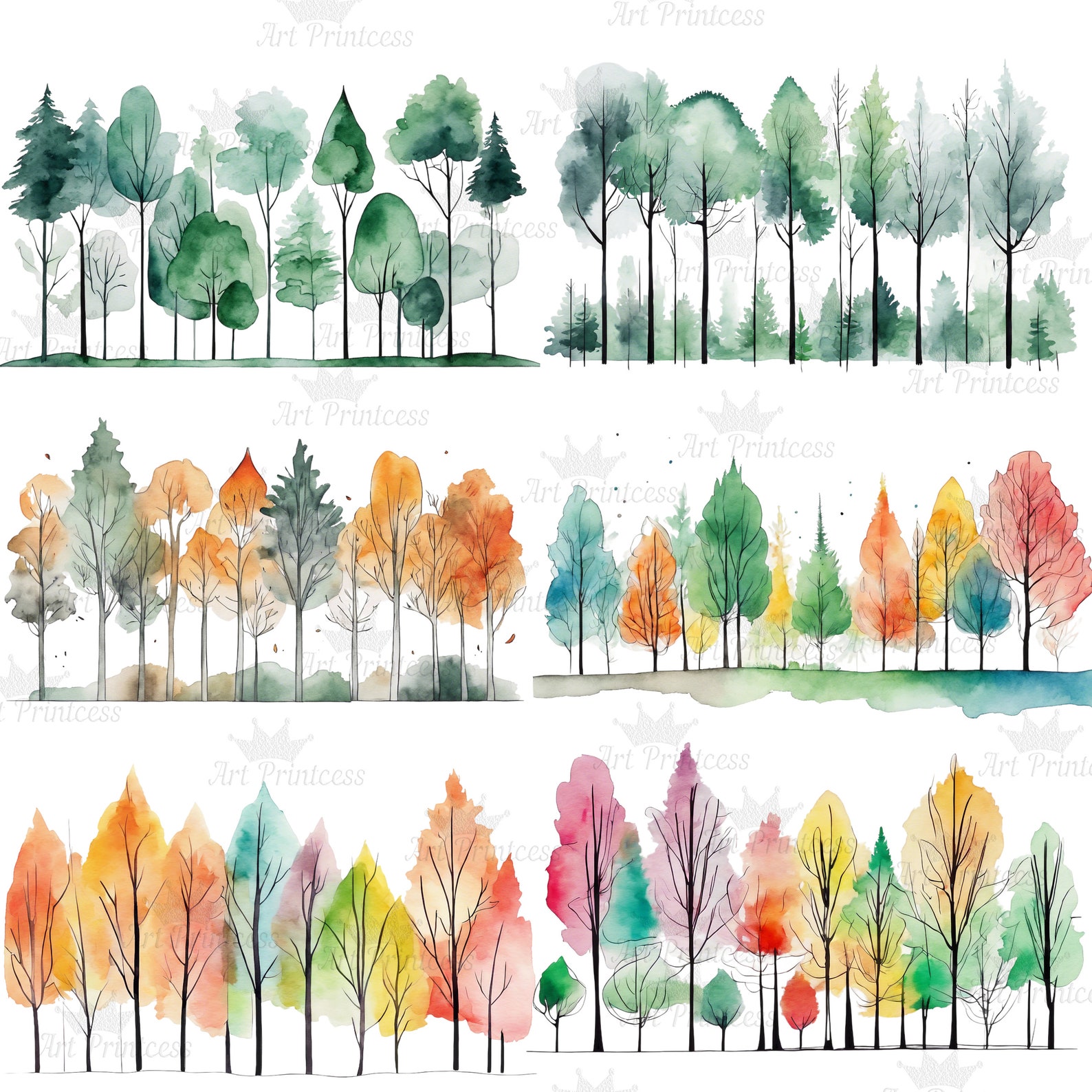 Abstract Tree Border Minimalist Watercolor Tree Borders Clipart PNG Forest Trees Overlays ...