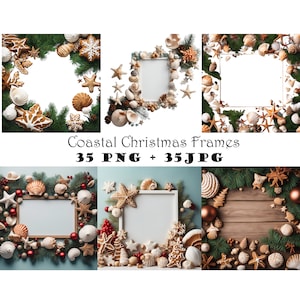 Könnte beinhalten: Sechs Küsten-Weihnachtsrahmen mit weißem Textbereich. Die Rahmen sind mit Muscheln, Seesternen, Lebkuchen und Tannenzweigen verziert. Der Text "Coastal Christmas Frames 35 PNG + 35 JPG" ist zu sehen.