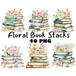 Könnte beinhalten: Sechs Stapel Vintage-Bücher mit Aquarell-Blumenverzierungen. Jeder Stapel hat eine andere Blumenanordnung in Rosa-, Gelb- und Blautönen. Der Text "Floral Book Stacks 40 PNG" steht unter den Stapeln.