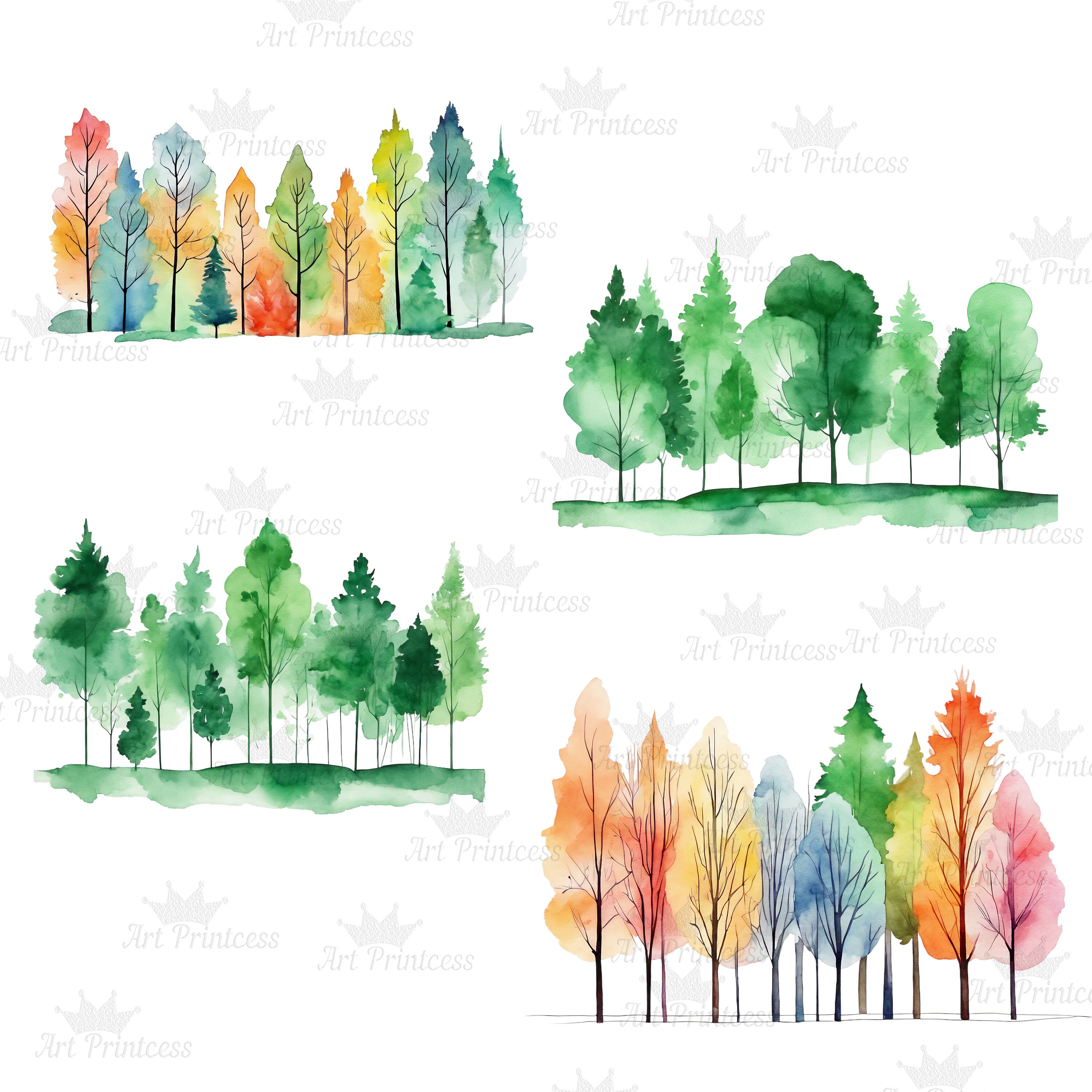 Colorful Tree Border Minimalist Watercolor Tree Borders Clipart PNG Forest Trees Overlays ...