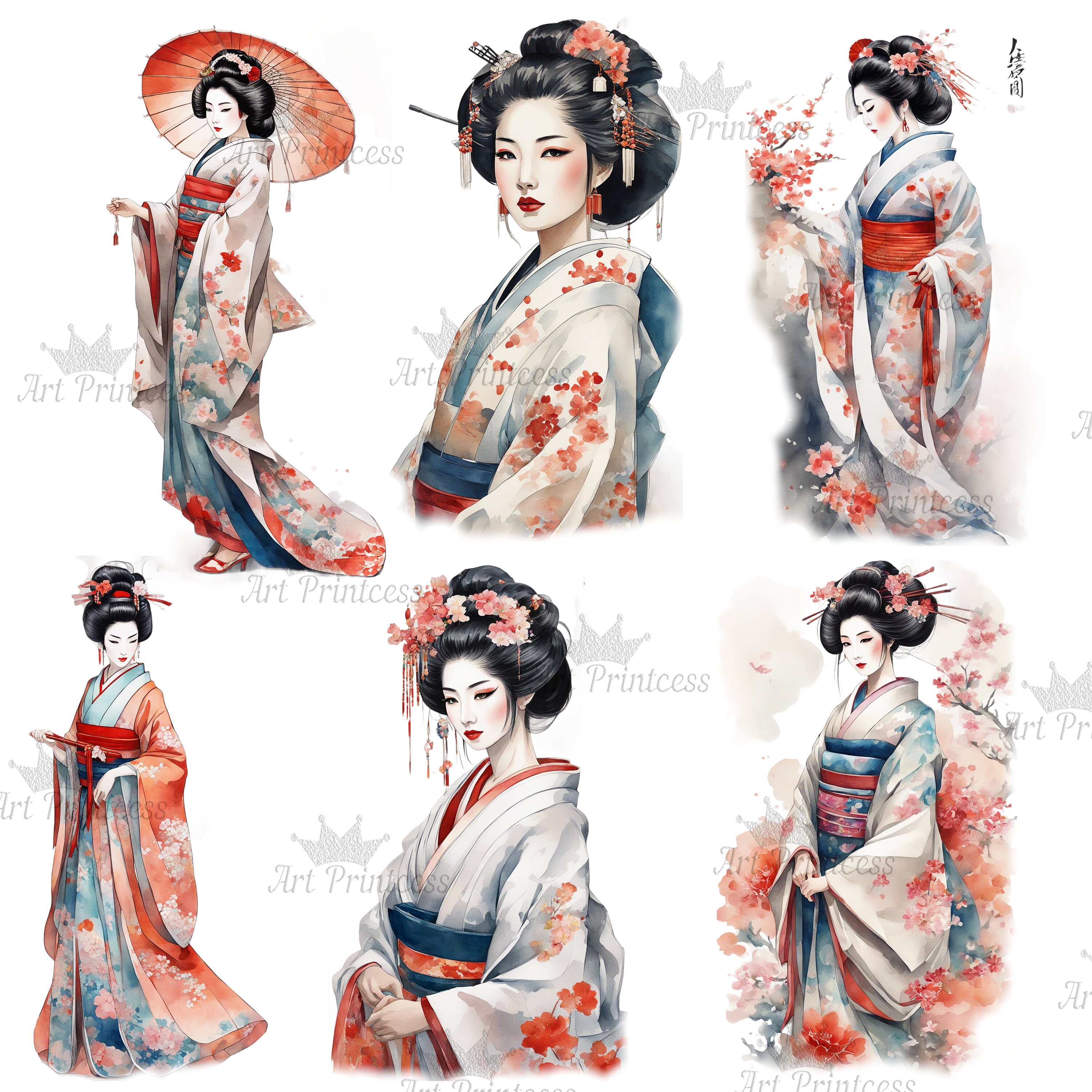 50 Geisha Watercolor Clipart PNG Traditional Japanese Geisha Watercolor ...