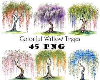 May include: Six watercolor illustrations of weeping willow trees with different colored flowers. The trees are all in a similar style, with long, flowing branches and leaves. The flowers are in shades of red, purple, pink, orange, and blue.