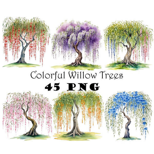 Colorful Weeping Willow Tree Clipart Bundle PNG Willow Anniversary Clipart Pink White Purple Black Yellow Red Willow Tree Printable Images