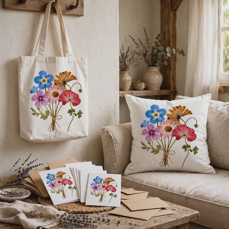 May include: A white canvas tote bag and a square throw pillow, both featuring a printed bouquet of colorful wildflowers including blue, pink, and orange blossoms. A stack of matching greeting cards with the same floral design sits on a table.