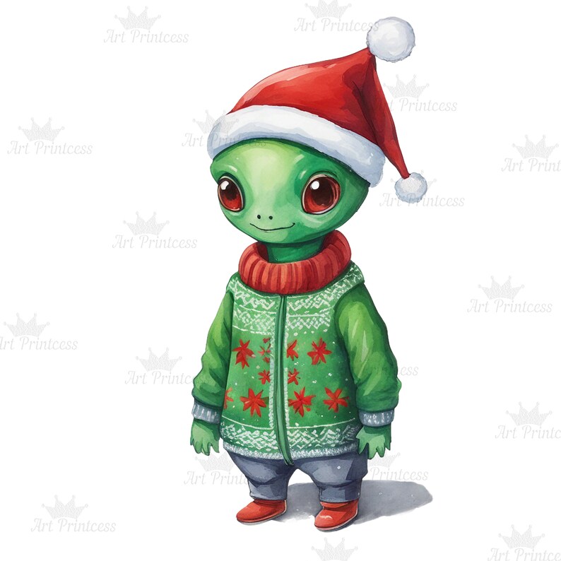 Christmas Aliens Watercolor Clipart PNG Festive Aliens Graphics Holiday Aliens Watercolor