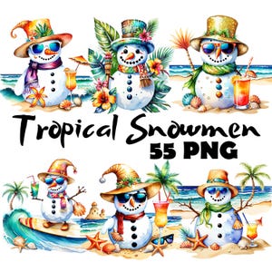 Clipart de bonhomme de neige aquarelle tropical côtier PNG Graphismes d'hiver tropical Illustrations de Noël au bord de la mer PNG Bonhommes de neige de plage Clipart Download