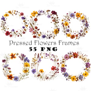 Natürliche gepresste Wildblumen Rahmen PNG Getrocknete Boho Blumen Rahmen Rustikale Blumenbordüre Getrocknete Pflanzen Overlays PNG Cottagecore Decor DIY Karten