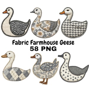 Peut inclure: Six motifs de oies en tissu avec différents motifs, dont des motifs floraux, argyle et à pois. Chaque oie a une palette de couleurs unique avec des coutures noires. Le texte "Fabric Farmhouse Geese 58 PNG" est affiché en dessous.