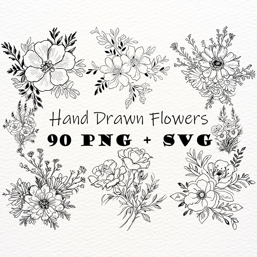 Boho Doodle Flowers Clipart Hand Drawn PNG SVG Bundle Boho Flowers ...