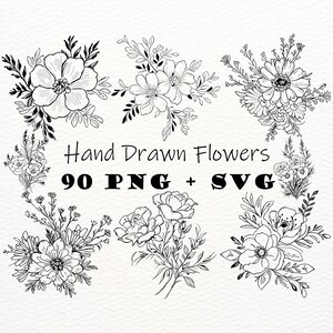 Minimalistische doodle bloemen clipart bundel PNG SVG Boho bloemen contouren PNG doodle bloemen digitale download handgetekende boeketten graphics