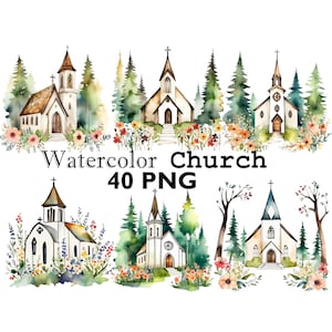 May include: Watercolor illustrations of six churches in a forest setting. Each church is surrounded by green trees and colorful flowers. The text "Watercolor Church 40 PNG" is displayed below the churches.