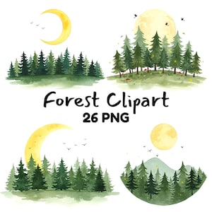 Bundle de cliparts aquarelle forêt 26 PNG, graphiques d'arbres forestiers, paysage de pins à feuilles persistantes, lune et oiseaux, téléchargement numérique à usage commercial gratuit