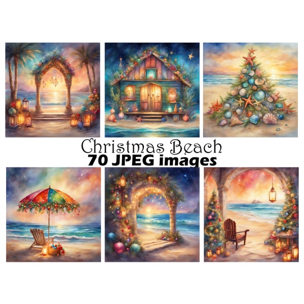 Christmas on the Beach Watercolor Clipart Coastal Christmas Digital Download Images Jingle Shells Christmas Tree Tropical Christmas Images