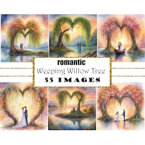 Saule pleureur arbre mariage romantique Couples paysage Clipart anniversaire de saule graphique aquarelle mariage anniversaire Clipart Saint-Valentin