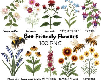 Bee Friendly Flowers Clipart PNG Pollinator Garden Botanical Bundle Save the Bees Wildflower Art Cottagecore Gardening Digital Graphics