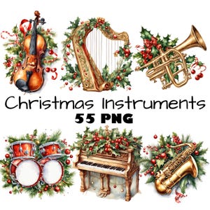 Weihnachtsmusikalische Orchesterinstrumente Aquarell Clipart PNG Festliche Musikinstrumente Aquarell PNG Musikurlaub Grafiken Download