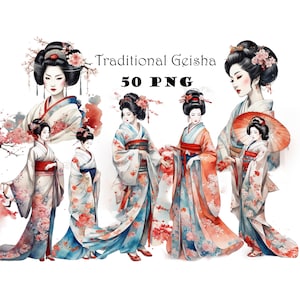 50 Geisha Aquarell Clipart PNG Traditionelle japanische Geisha Aquarell Grafiken Clipart PNG Sofortiger Download Bundle Asiatisches Mädchen Clipart PNG